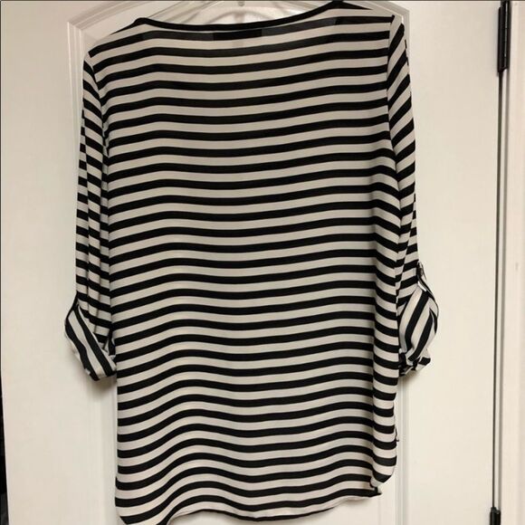 Loft black white stripe lightweight popover Blouse Tunic top M - Picture 3 of 9